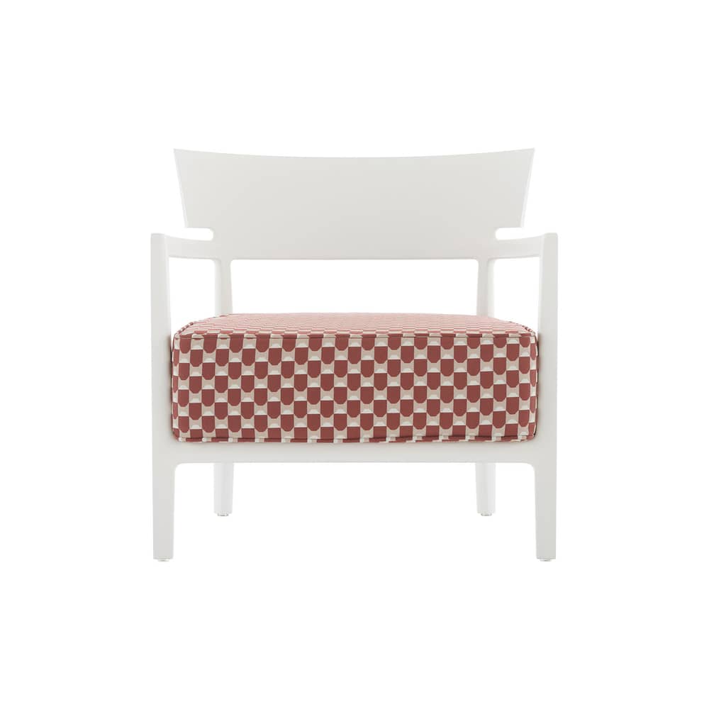 Fauteuil rembourré Cara OUTDOOR x Liberty tissu rouge - Kartell - Blanc mat / Tissu Rouille (Liberty Obi Check) - Polycarbonate, Polyuréthane, Tissu Liberty