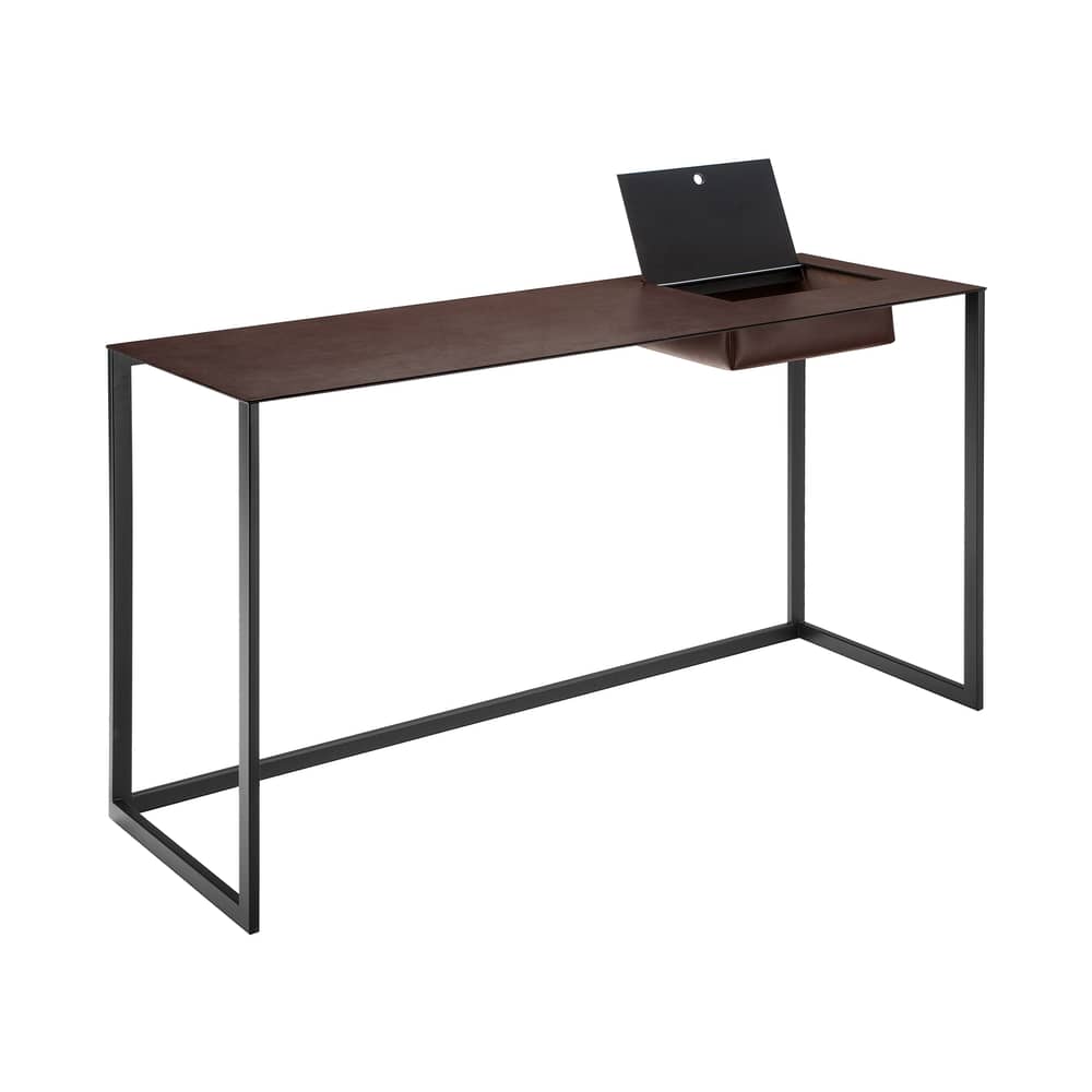 Bureau Calamo cuir marron / Console - Cuir sellier - L 130 cm - Zanotta - Cuir marron / Piètement graphite - Acier verni, Cuir sellier