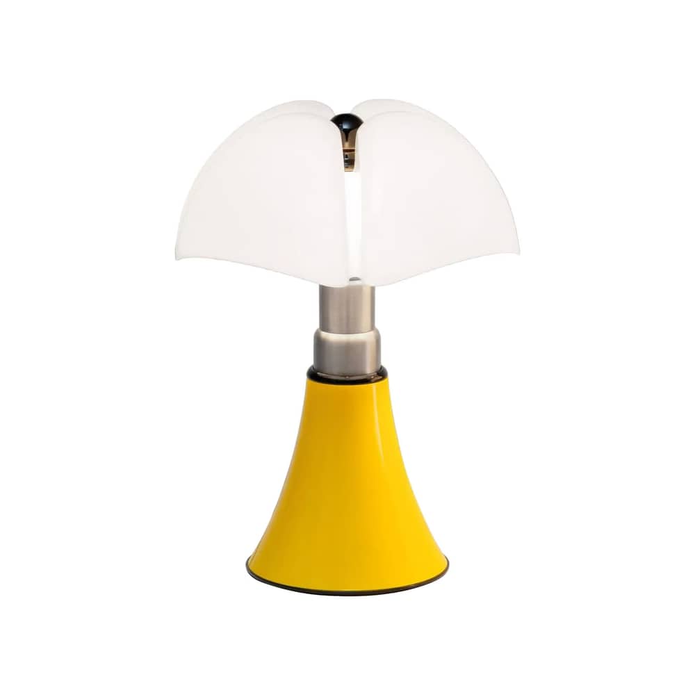 Tischleuchte Pipistrello Pop Medium LED plastikmaterial gelb / H 50 bis 62 cm - Gae Aulenti, 1965 - Martinelli Luce - Glänzend- Gelb - gebürsteter rostfreier Stahl, klarlackbeschichtetes Aluminium, Opal-Methaclyrat