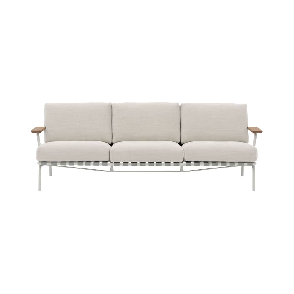 Gartensofa 3-Sitzer Settle textil weiß / L 218,5 cm - Muuto - Grau / Ungebleichter Stoff (Laze 1) - , Mahagoni, Polyester-Gurtband, Schaumstoff, Stahl