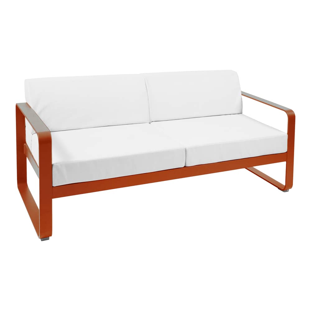 Gartensofa 2-Sitzer Bellevie metall orange / B 160 cm - Grauweißer Stoff - Fermob - Konfitüre Orange/ Grauweißer Stoff - , lackiertes Aluminium, Polyacryl-Gewebe