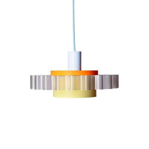 Suspension Gigi n°3 / Ø 28 x H 14,5 cm - Plastique recyclé / Fabriqué en France - Warren & Laetitia - Câble bleu ciel / Orange / Jaune pastel - Bioplastique, Plastique recyclé