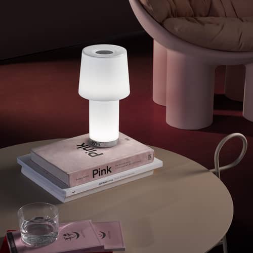 Lampada da esterno ricaricabile senza fili Cameo LED vetro bianco - Fontana Arte - Cromo / Bianco brillante - Metallo galvanizzato, vetro soffiato