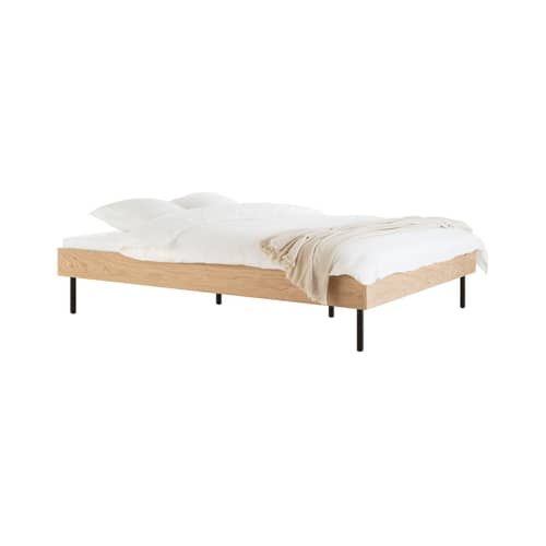 Lit double Streiko / Pour matelas 140 x 200 cm - Sommier inclus - NOO.MA - Chêne / Pieds noirs - Acier, Placage de chêne