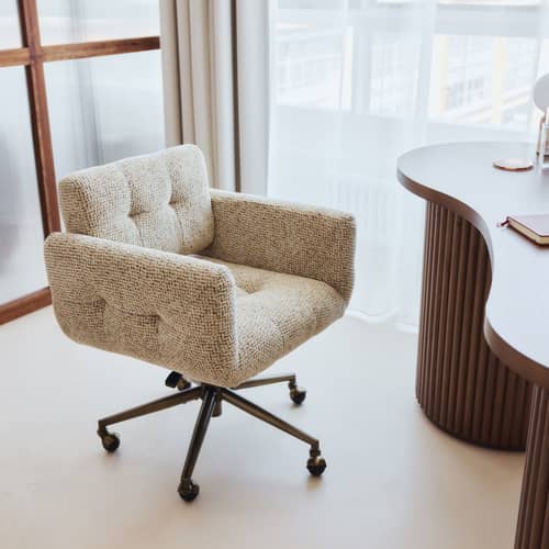 Valeria Office armchair textile beige - NV GALLERY - Mottled brown / Brushed brass - High resilience foam, Iron, Tissu Tweed