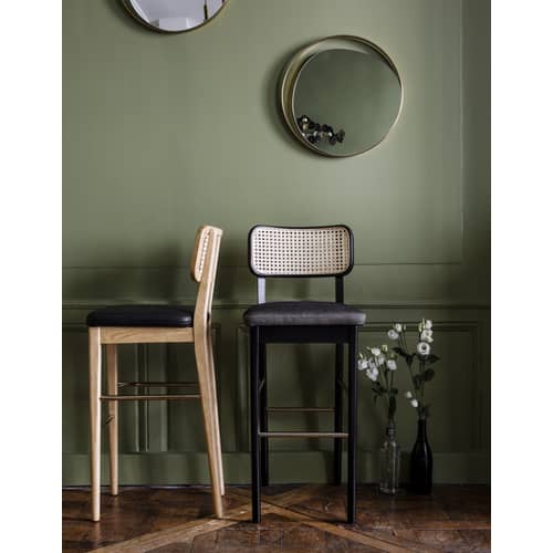 Cannage Bar stool cane & fibres wood black / H 65 cm - Leather - RED Edition - Black leather / Black - Brass, Foam, Leather, Rattan, Tinted oak wood