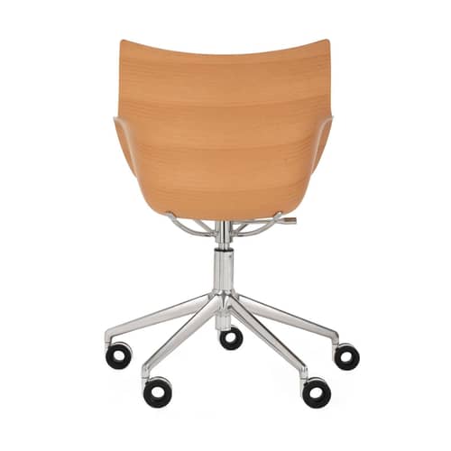 Poltrona a rotelle Q/Wood legno naturale / Legno sagomato & plastica - Altezza regolabile - Kartell - Legno chiaro e bianco / Base cromata - Acciaio, Alluminio, Compensato di legno modellato