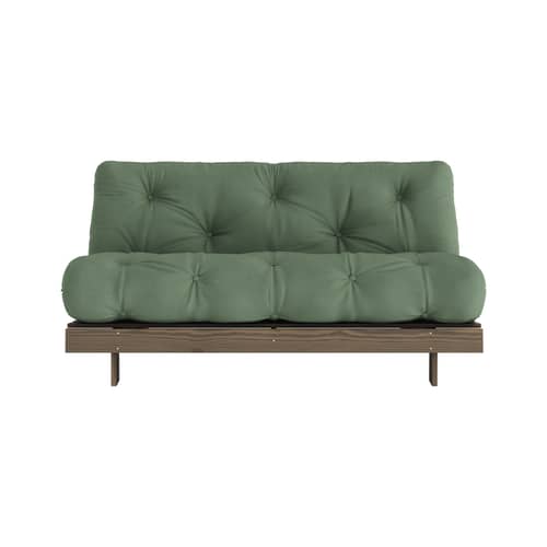 Schlafcouch Roots holz grün / B 160 cm - 3 Positionen / Struktur Braun - KARUP DESIGN - Olivgrün 756 / Holz Braun - FSC-zertifizierte, lackierte Massivkiefer, Gewebe, Recycelte Mischfasern, Schaumstoff