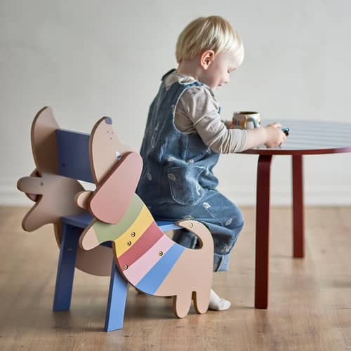 Liova Children table wood blue / Ø 65 x H 45 cm - Bloomingville - Striped blue and brick red - MDF, Plywood