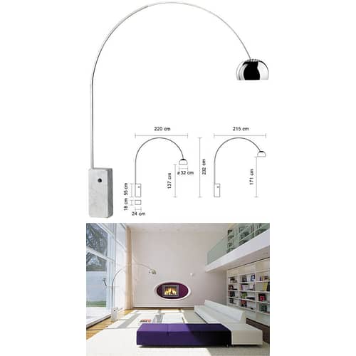 Lampadaire Arco LED / H 240 cm - Achille Castiglioni, 1962 - Flos - Acier / Marbre blanc - Acier inoxydable, Aluminium poli, Marbre de Carrare