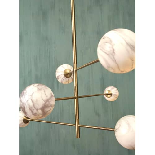 Suspension Carrara métal blanc or / 3 bras & 6 globes - Verre effet marbre / L 99 x H 95 cm / Seconde vie - It\'s about Romi - Blanc effet marbre / Or - Métal, Verre