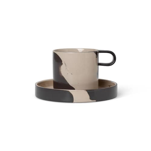 Tazza Inlay ceramica marrone beige / Con piattino - Ferm Living - Sabbia e cioccolato - Gres smaltato