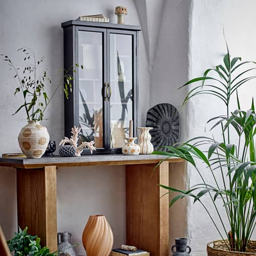 Rangement mural Hazem / Vitrine compartimentée - L 50 cm x l 14  cm x H 80 cm - Bloomingville - Noir patiné - MDF, Sapin peint, Verre trempé