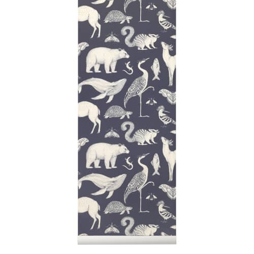 Papier peint Animals papier bleu / 1 rouleau - Larg 53 cm - Ferm Living - Bleu foncé - Toile intissée