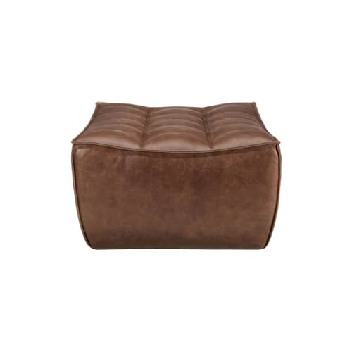 Pouf N701 pelle marrone / 70 x 70 cm - Ethnicraft - Castagno - Legno, Pelle anilina, Schiuma PU ad alta densità
