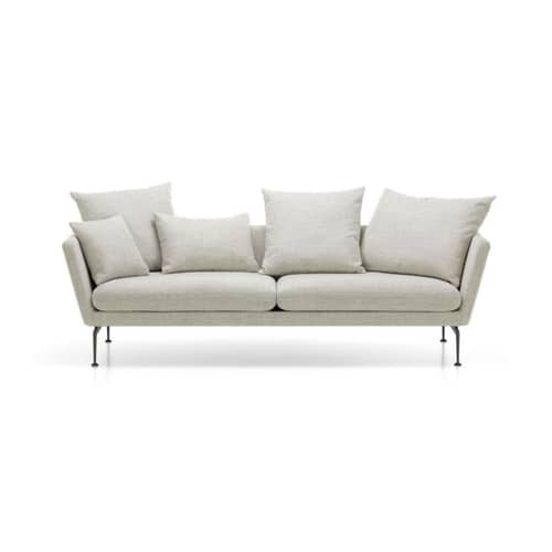 Canapé droit Suita tissu beige / Coussins pointus - 3 places / L 233 cm / Seconde vie - Vitra - Pierre (tissu Corsaro) / Pieds noirs - Aluminium injecté, Fibre polyester, Métal, Mousse polyuréthane, Tissu