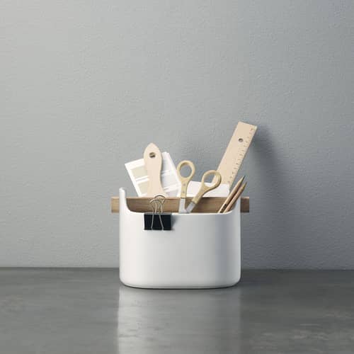 Bac de rangement Toolbox céramique blanc bois naturel / L 19 x H 15 cm - chêne - Eva Trio - Blanc / Chêne - Céramique, Chêne