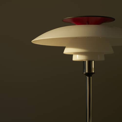 PH 80 Wireless rechargeable lamp plastic material white / LED - 1974 - Louis Poulsen - Opaline white & red/ Base, legs Chromed & black - Aluminium, Opal acrylique, Steel