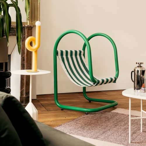 Fauteuil Petit Parad métal vert / L 60 x H 90 cm - Exclusivité Made In Design / Seconde vie - Axel Chay - Vert / Toile verte & blanche - Acier thermolaqué, Toile acrylique