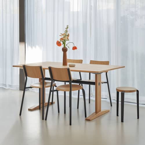 Table rectangulaire Post bois naturel / 160 x 95 cm - 6 places - TIPTOE - 160 x 95 cm - Acier thermolaqué, Bois massif plaqué chêne, Chêne massif