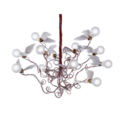 Suspension Birdie    / Ingo Maurer, 2002 - Ingo Maurer - Blanc / Câbles rouges - Métal, Plume, Verre