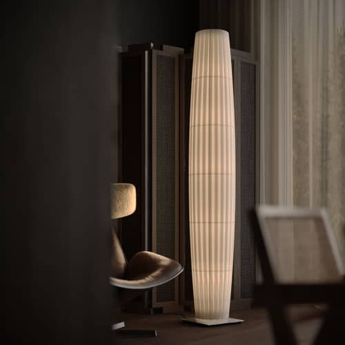 Lampadaire Colonne / LED - H 190 cm - Dix Heures Dix - Socle marbre blanc - Aluminium, Marbre, Tissu acrylique plissé