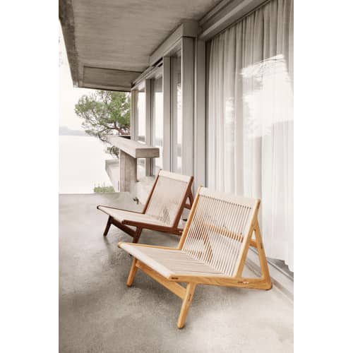 Fauteuil lounge MR01 Initial tissu beige bois naturel / Noyer & corde - Gubi - Noyer / Corde beige - Corde, Noyer massif