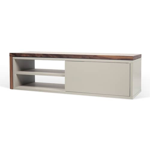 Meuble TV extensible Slide gris bois naturel / Pivotant - L 110 à 203 cm - POP UP HOME - Gris / Noyer - Panneaux d\'aggloméré peints, Placage de noyer