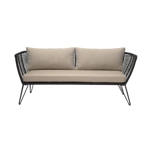 Canapé de jardin 3 places Mundo / L 175 cm - Fils PVC - Bloomingville - Noir / Tissu taupe - Acier laqué, Fibre, Fil PVC, Polyester, Tissu