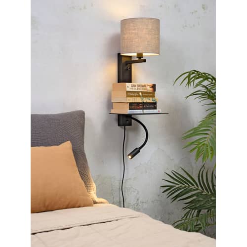 Wandleuchte mit Stromkabel Florence metall beige / Lampenschirm Stoff - LED-Leseleuchte, Regal & USB-Anschluss - It\'s about Romi - Leinen dunkel - Baumwolle, Eisen