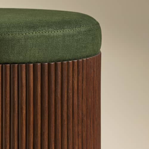 Pouf Riviera tessuto verde / Tavolo (cuscino rimovibile) - Rattan e Lino - Ø 36 x H 45 cm - Maison Sarah Lavoine - Verde / Rattan scuro - Espanso, Legno, Lino, Midollino