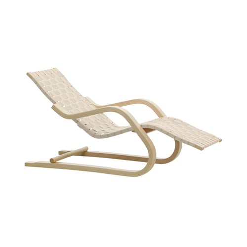 Sdraio 43 tessuto bianco / Alvar Aalto, 1937 - Cinghia di lino - ARTEK - Cinghia naturale e bianca / Struttura in Betulla - Betulla lamellare, Cinghie in lino