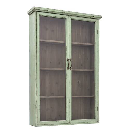 Hazem Wall storage wood green / Wall storage - L 81 x H 122 cm / Wood & glass - Bloomingville - Patinated green / Wood Background - Fir-tree, Glass, Iron, MDF