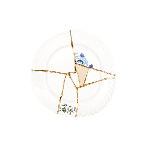 Assiette Kintsugi céramique blanc / or fin - Seletti - Blanc & or / Motifs bleus - Or, Porcelaine