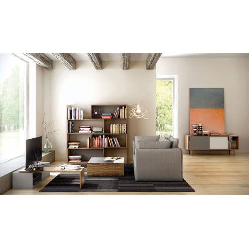 Meuble TV extensible Slide gris bois naturel / Pivotant - L 110 à 203 cm - POP UP HOME - Gris / Noyer - Panneaux d\'aggloméré peints, Placage de noyer