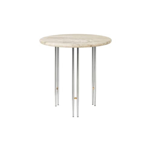Table d\'appoint IOI marbre beige / Ø 50 x H 50 cm - Gubi - Marbre beige (Ripple) / Pied chromé - Acier laqué, Laiton, Marbre