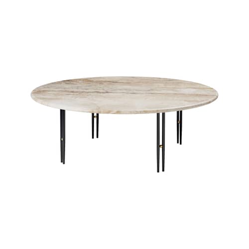 Couchtisch IOI stein beige / Ø 100 x H 35 cm - Gubi - Marmor beige (Ripple) / Fuß schwarz - lackierter Stahl, Marmor, Messing