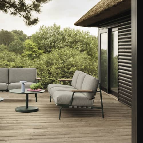 Canapé de jardin 3 places Settle tissu gris / L 218,5 cm - Muuto - Vert foncé / Tissu gris clair (Ribbed Weave 2) - Acajou, Acier, Mousse, Sangle polyester, Tissu d\'extérieur