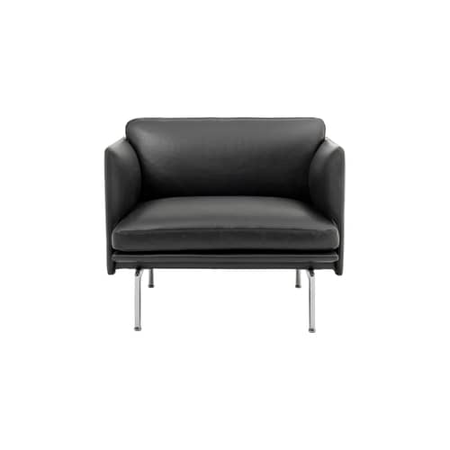 Fauteuil rembourré Outline cuir noir - Muuto - Noir (cuir Refine) / Pieds alu poli - Acciaio, Alluminio lucido, Legno, Pelle, Schiuma a freddo