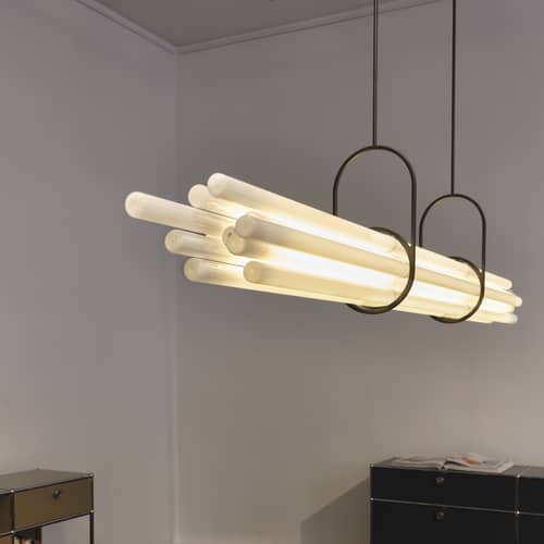 NL12 Pendant glass white / L 130 cm - DCW éditions - White / Black structure - Aluminium, Borosilicated glass