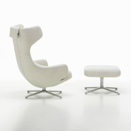 Set poltrona e poggiapiedi Grand Repos tessuto bianco / Girevole & inclinabile - Tessuto - Vitra - Avorio-perla (tessuto Nubia) / Alluminio lucidato -  Plumes, Alluminio lucido, Schiuma di poliuretano, Tessuto
