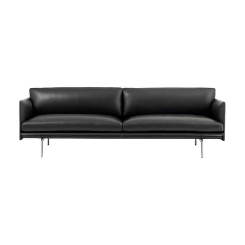 Canapé droit Outline cuir noir / 3 places- L 220 cm - Muuto - Noir (cuir Refine) / Pieds alu poli - Holz, Kaltschaum, Leder, poliertes Aluminium, Stahl