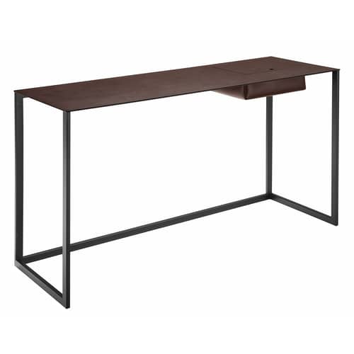 Bureau Calamo cuir marron / Console - Cuir sellier - L 130 cm - Zanotta - Cuir marron / Piètement graphite - Acier verni, Cuir sellier