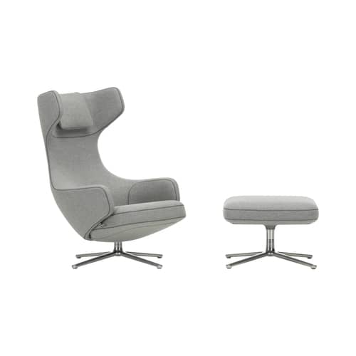 Set fauteuil & repose-pieds Grand Repos tissu gris / Pivotant & inclinable - Vitra - Gris galet (tissu Cosy 2) / Alu poli -  Plumes, Aluminium poli, Mousse polyuréthane, Tissu