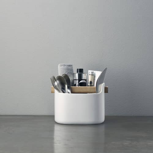 Bac de rangement Toolbox céramique blanc bois naturel / L 19 x H 15 cm - chêne - Eva Trio - Blanc / Chêne - Céramique, Chêne