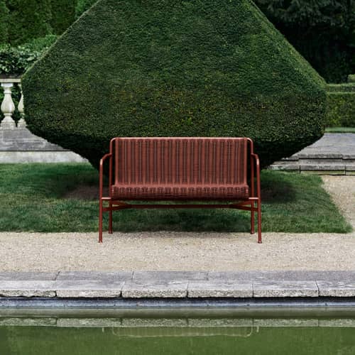 Banc avec dossier Palissade Cord Dining rouge / L 128 cm - Corde tissu recyclé - Hay - Rouge oxyde - Acier laqué époxy, Corde tissu polyester recyclé