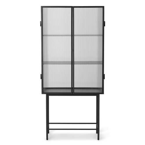 Vitrine Haze metall glas schwarz / L 70 x H 155 cm - Riffelglas - Ferm Living - Schwarz / Riffelglas - epoxy-beschichtetes Metall, Geriffeltes Glas