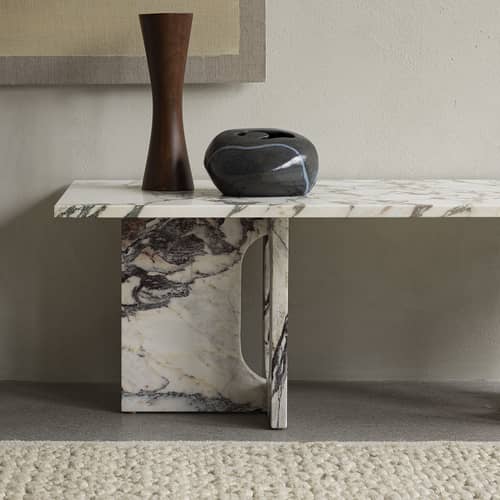 Tavolino Androgyne Lounge Stone pietra bianco beige / 120 x 45 x H 37,8 cm - Base pietra - Menu - Marmo Calcatta viola / Gamba calcatta viola - 