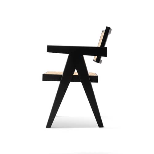 Capitol Complex Armchair wood black / Tribute to Pierre Jeanneret, 1950\' - Rattan canvases - CASSINA - Black oak / Natural rottan - Rottan teak, Tinted oak wood