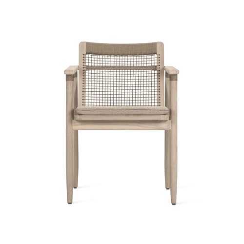 Fauteuil David / Teck vieilli & dossier corde - Coussin d\'assise - Vincent Sheppard - Beige & teck vieilli / Corde Greige - Corde polypropylène, Mousse, Teck massif vieilli, Tissu d\'extérieur